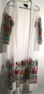 Liv Los Angeles White Floral Embroidered Sheer Tulle Kimono Duster Coverup Sz M
